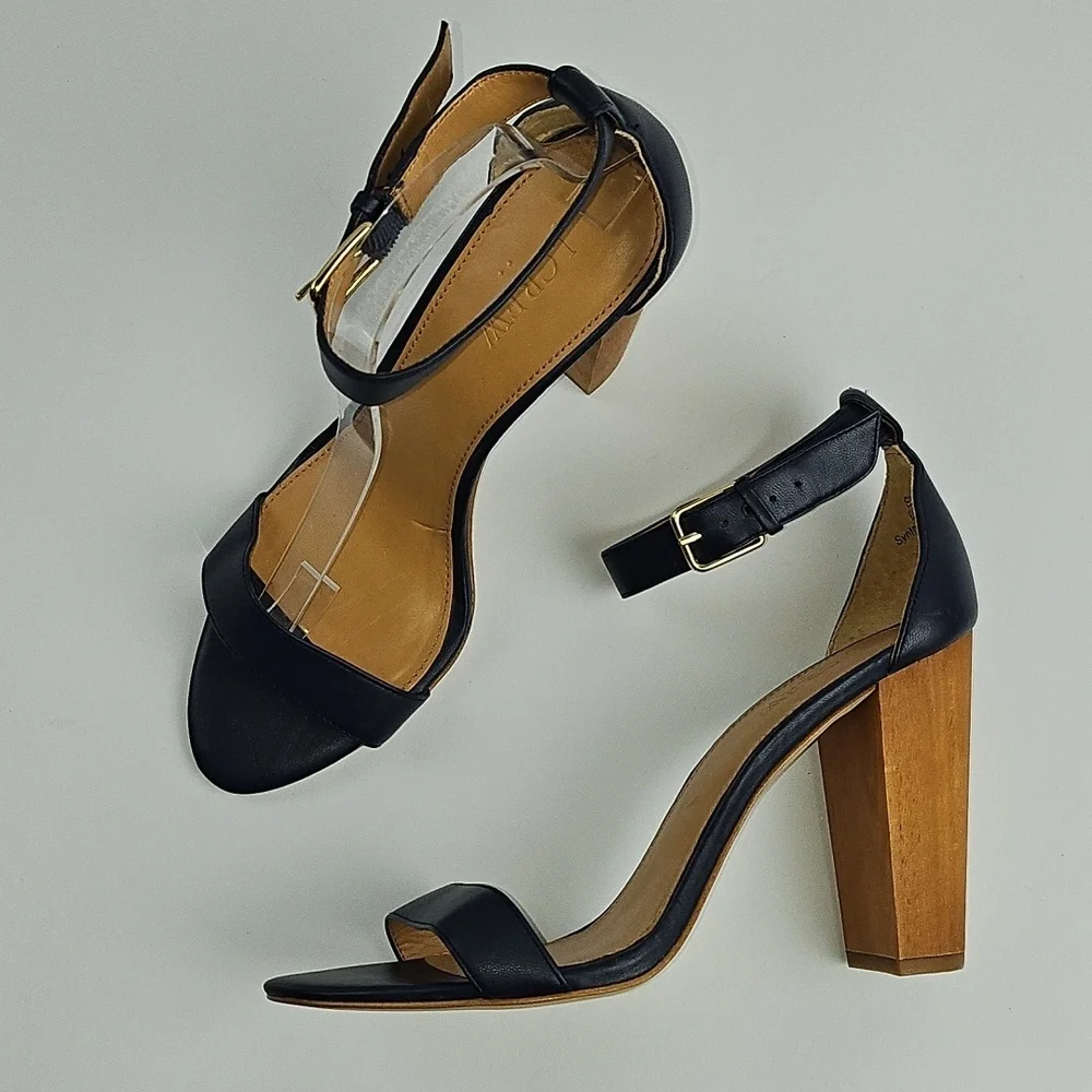 J. Crew Leather Navy Blue Open Toe Ankle Strap Wooden Block Heel Sandal